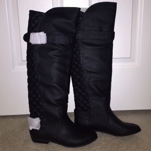 Black quilted knee high faux leather boots